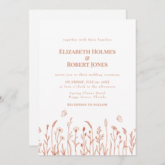 Burn Orange Fleur sauvage Faire-part de mariage pr (Devant / Derrière)