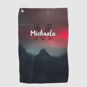Burning clouds, fog and mountains monogram in sky golfhanddoek