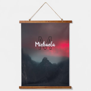 Burning clouds, fog and mountains monogram in sky hangend wandkleed