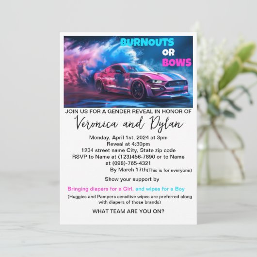 Burnouts or Bows Gender Reopenbaart Uitnodiging (Staand voorkant)