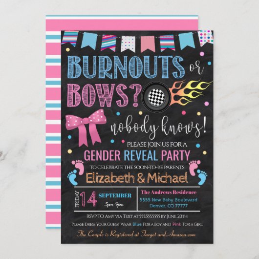 Burnouts or Bows Gender Reopenbaart Uitnodiging (Voorkant / Achterkant)