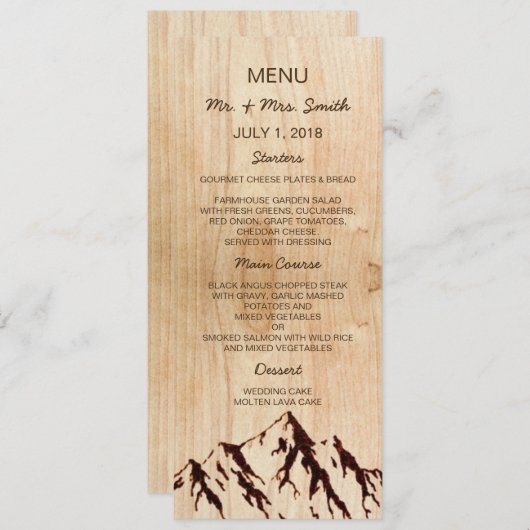 Burnt Mountain en bois Rustic Menu Mariage (Devant / Derrière)