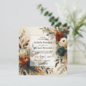 Burnt Orange and Blue Fall Flowers Wedding Kaart (Staand voorkant)