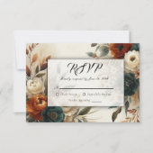 Burnt Orange and Blue Fall Flowers Wedding RSVP Kaartje (Voorkant)