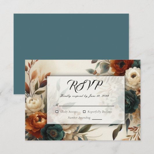 Burnt Orange and Blue Fall Flowers Wedding RSVP Kaartje (Voorkant / Achterkant)