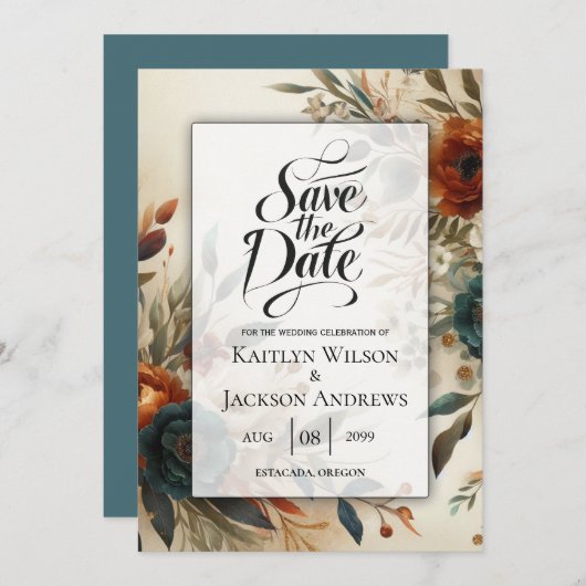 Burnt Orange and Blue Fall Flowers Wedding Save The Date (Voorkant / Achterkant)