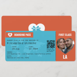 Burnt Orange & Aqua Blue Boarding Pass Wedding Kaart
