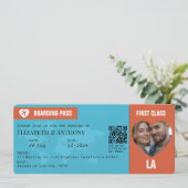 Burnt Orange & Aqua Blue Boarding Pass Wedding Kaart (Staand voorkant)