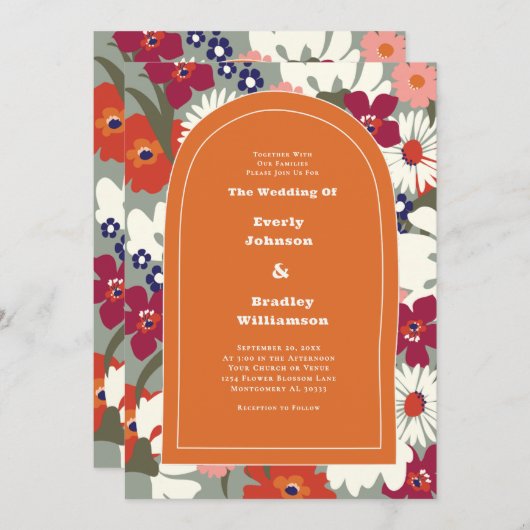 Burnt Orange Bold Floral Boho Chic Retro Wedding Kaart (Voorkant / Achterkant)