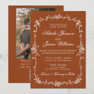 Burnt Orange Floral Terracotta QR Code Wedding Kaart