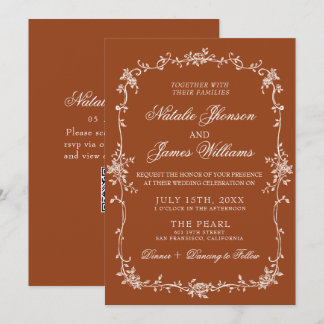 Burnt Orange Floral Terracotta QR Code Wedding Kaart