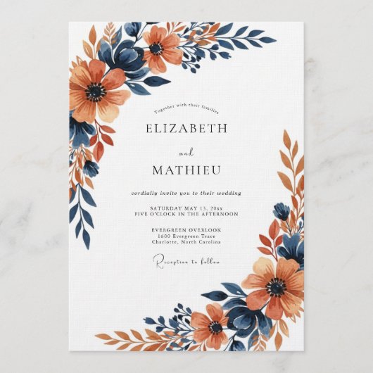 Burnt Orange Painterly Floral Wedding Kaart (Voorkant)