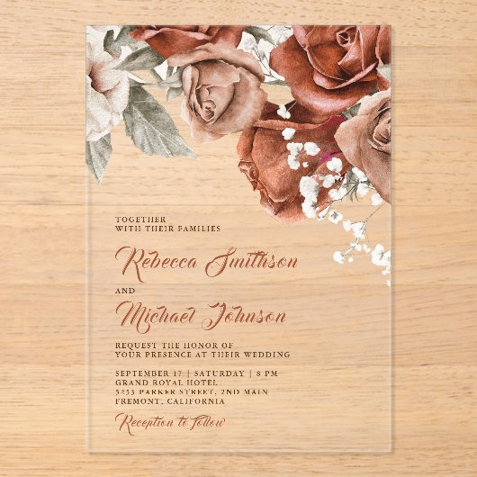 Burnt Orange Roses Terracotta Floral Wedding Acryl Uitnodigingen (Voorkant)