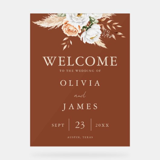 Burnt Oranje Terracotta Floral Wedding Welcome Acryl Bord (Voorkant)