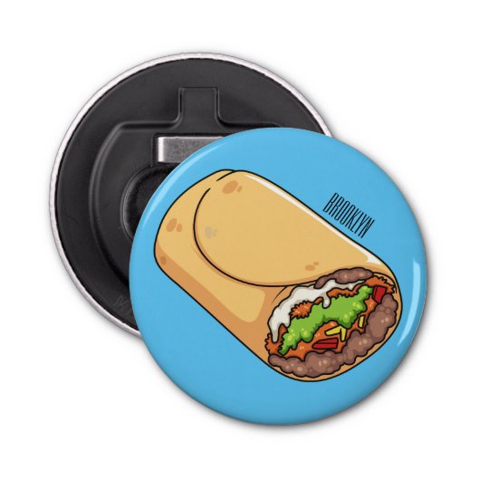 Burrito cartoon illustratie button flesopener (Voorkant)