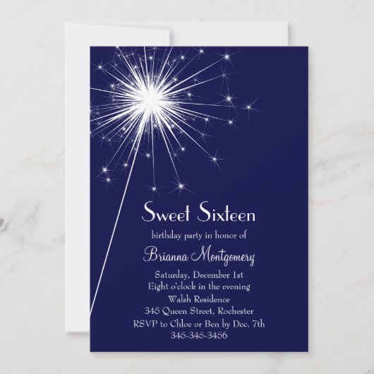 Burst van Sparkles Sweet Sixteen Invitation (blauw Kaart (Voorkant)