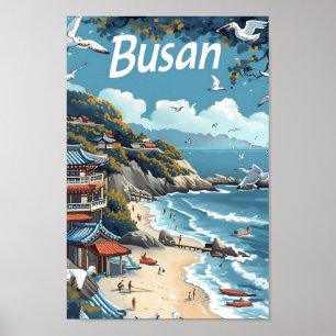 Busan Zuid-Korea Vintage Kunst Reisillustratie Poster