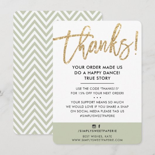BUSINESS DANK U moderne gouden glitter salie groen Bedankkaart (Voorkant / Achterkant)