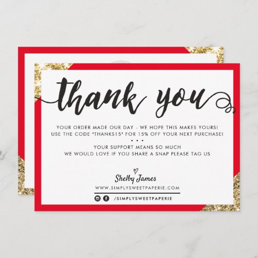 BUSINESS DANK U moderne hoek script rood goud Bedankkaart (Voorkant / Achterkant)