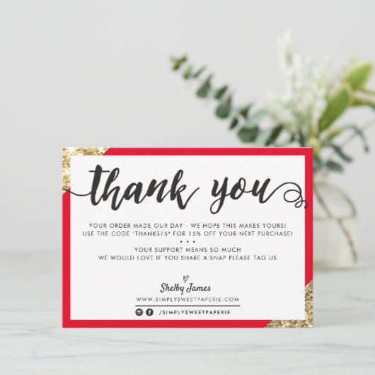 BUSINESS DANK U moderne hoek script rood goud Bedankkaart (Staand voorkant)