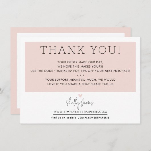 BUSINESS DANK U schattig eenvoudig modern blush zw Bedankkaart (Voorkant / Achterkant)