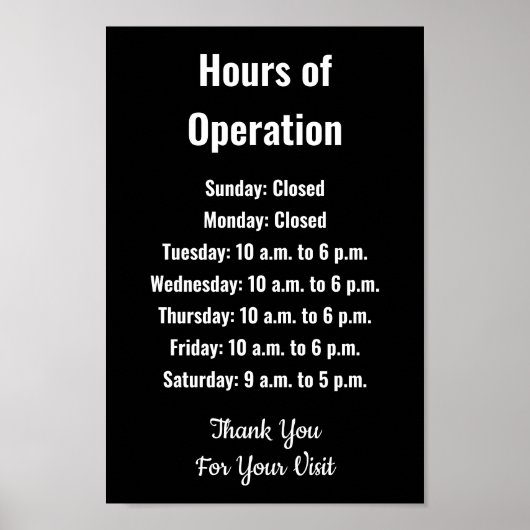 Business Hours of Operation Black & White Template Poster (Voorkant)