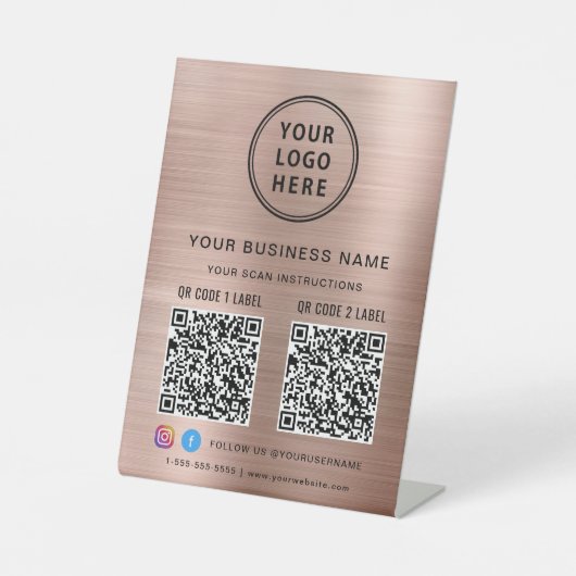 Business Logo 2 QR-codes Social Media Roos Gold Reclamebord Met Voetstuk (Voorkant)