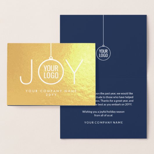 Business Logo Christmas Ornament Navy Holiday JOY Folie Kaarten (Display)