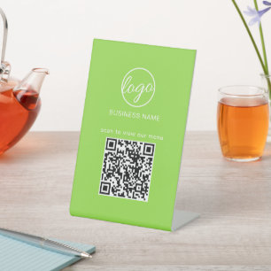 Business Logo Neon Green Restaurant Menu QR-code Reclamebord Met Voetstuk