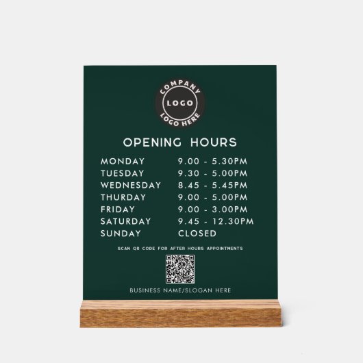 Business Logo QR Code Opening Hours Green Acryl Bord (Voorkant)