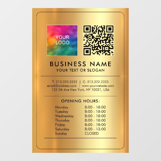 Business Logo QR Code Openingstijden Faux Gold Raamsticker (Vel)