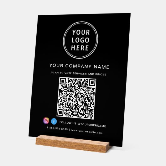 Business Logo QR Code Social Media Black Acryl Bord (Hoek)