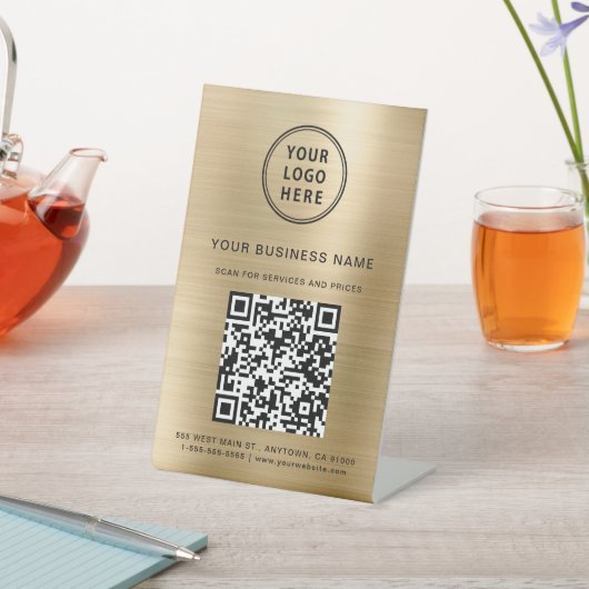 Business Logo Scan me QR Code Gold Reclamebord Met Voetstuk (Insitu)