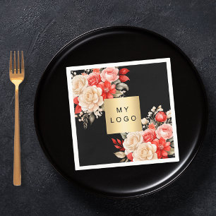 Business logo zwart rood ivoor bloemen servet