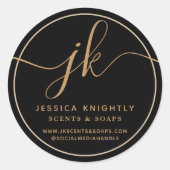 Business Monogram Script Logo Contact Zwart Goud Ronde Sticker (Voorkant)