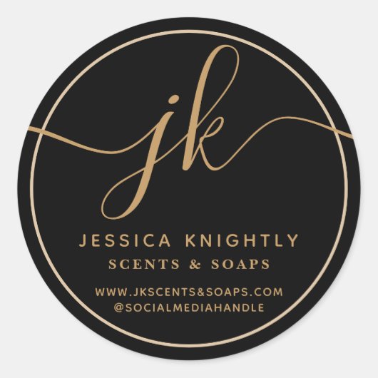 Business Monogram Script Logo Contact Zwart Goud Ronde Sticker (Voorkant)