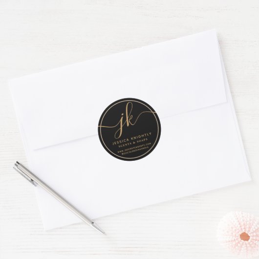 Business Monogram Script Logo Contact Zwart Goud Ronde Sticker (Envelop)