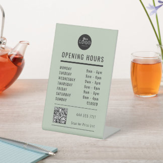 Business Open Hours Black Sage Green Logo QR Code Reclamebord Met Voetstuk