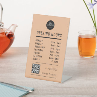 Business Open Store Hours Black Peach Logo QR Code Reclamebord Met Voetstuk