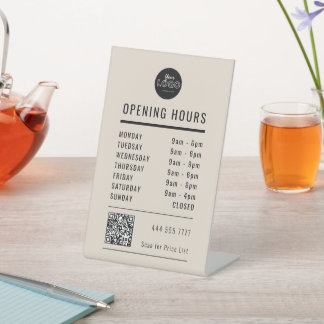 Business Opening Hours Black on Beige Logo QR Code Reclamebord Met Voetstuk