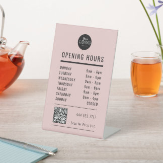 Business Opening Hours Black on Pink Logo QR Code Reclamebord Met Voetstuk