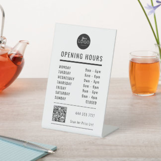 Business Opening Hours Black & White Logo QR Code Reclamebord Met Voetstuk