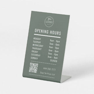 Business Opening Hours Logo QR Code on Muted Green Reclamebord Met Voetstuk