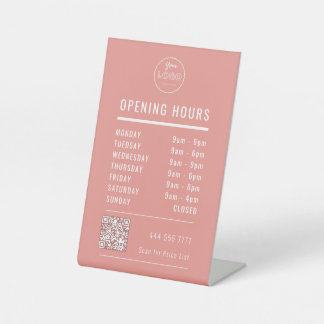 Business Opening Hours on Coral Pink Logo QR Code Reclamebord Met Voetstuk
