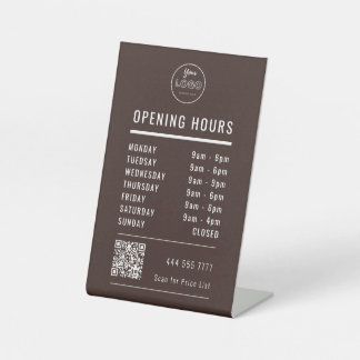 Business Opening Hours with Logo QR Code on Brown Reclamebord Met Voetstuk