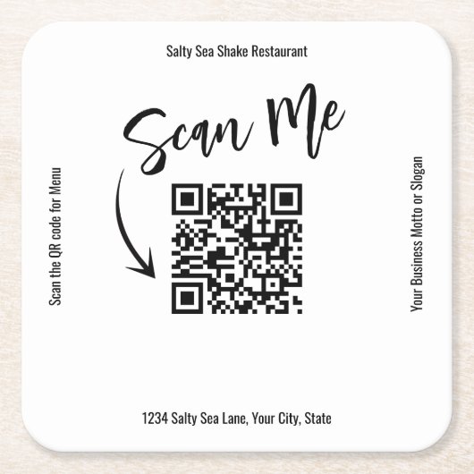 Business QR Code Scan Me Menu Custom Vierkante Kartonnen Onderzetter (Voorkant)