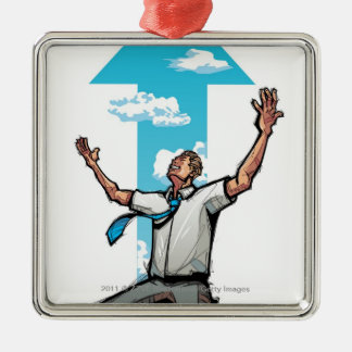 Businessman knielen, pijltje op de achtergrond metalen ornament