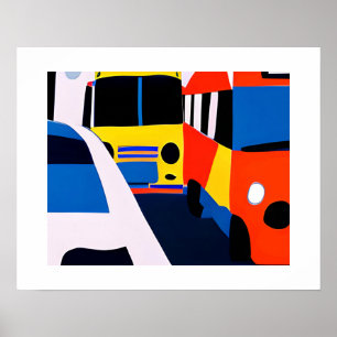 Bussen en auto's in primaire kleuren Afdrukken Poster