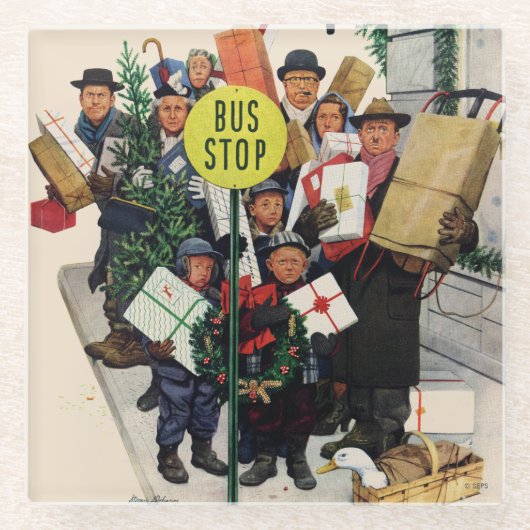 Busstop voor Kerstmis Glazen Onderzetter (Voorkant)