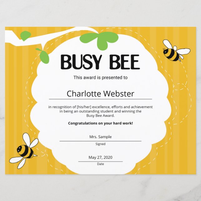 Busy Bee CertificaatStudenten ErkenningCertificaat (Voorkant)